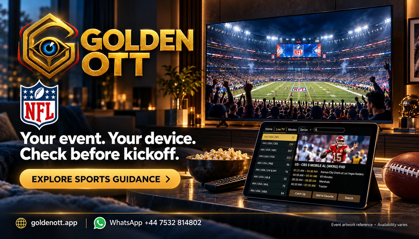 Golden OTT NFL category card with supplied event logo, sports viewing scene and WhatsApp support.