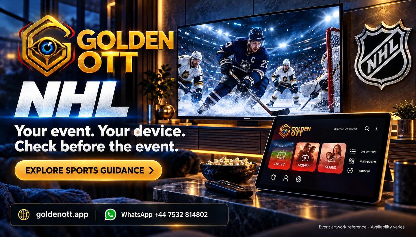 Golden OTT NHL category card with supplied event logo, sports viewing scene and WhatsApp support.