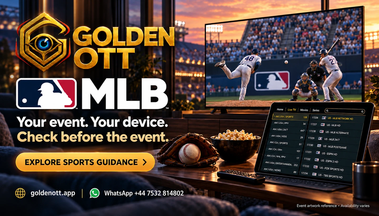 Golden OTT MLB category card with supplied event logo, sports viewing scene and WhatsApp support.