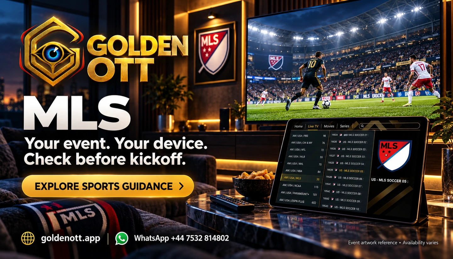 Golden OTT MLS category card with supplied event logo, sports viewing scene and WhatsApp support.