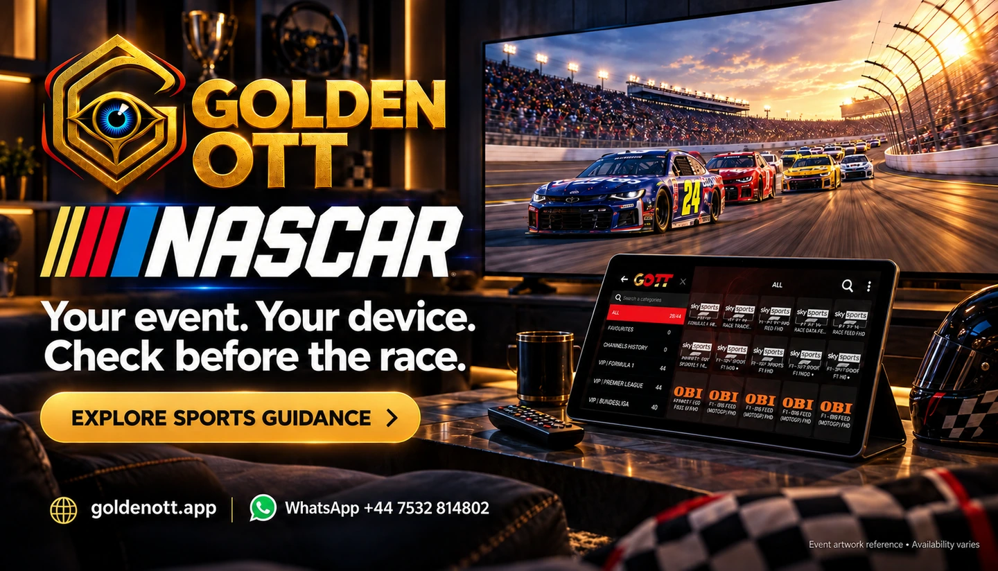 Golden OTT NASCAR category card with supplied event logo, sports viewing scene and WhatsApp support.