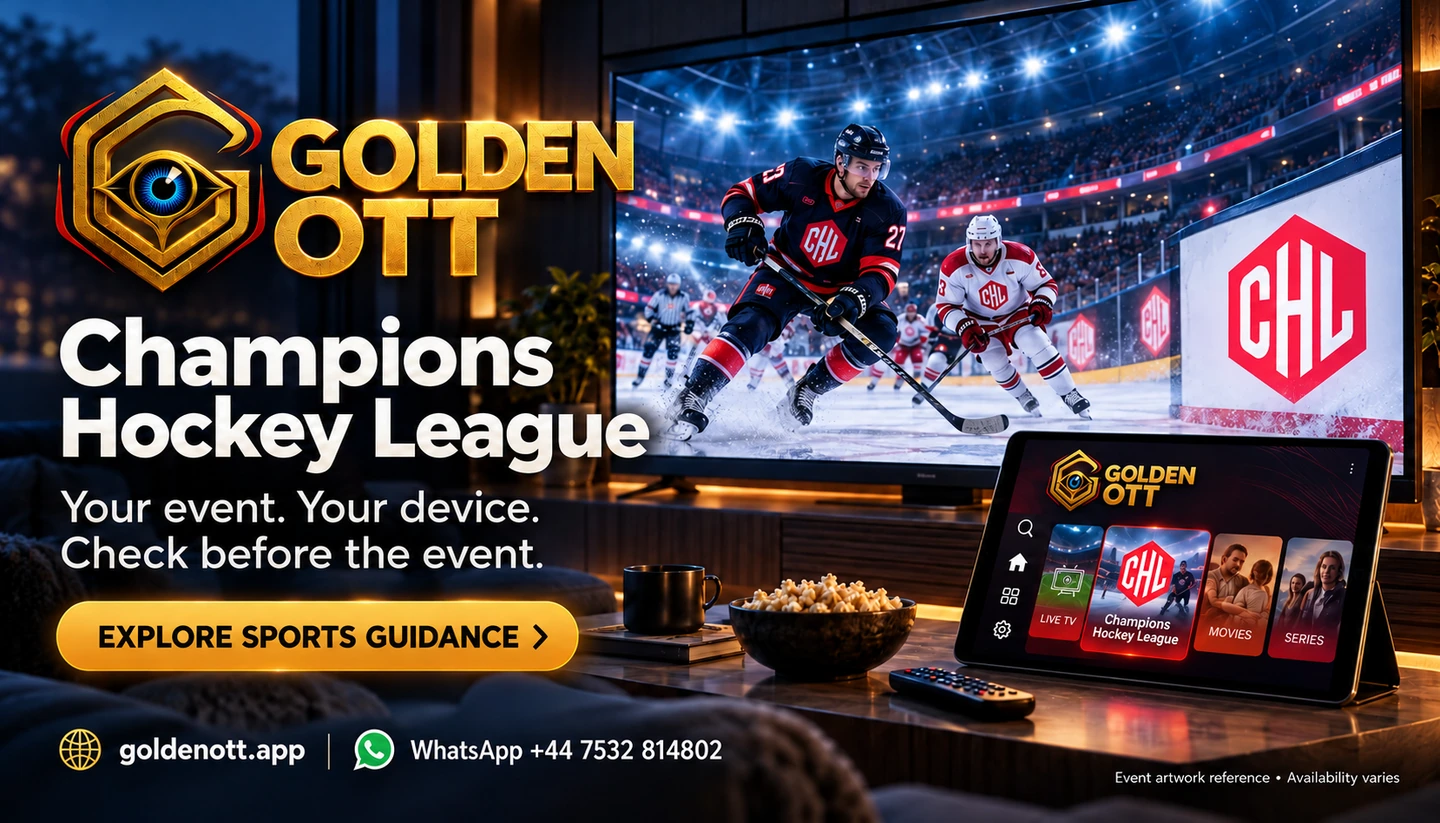 Golden OTT Champions Hockey League category card with supplied event logo, sports viewing scene and WhatsApp support.