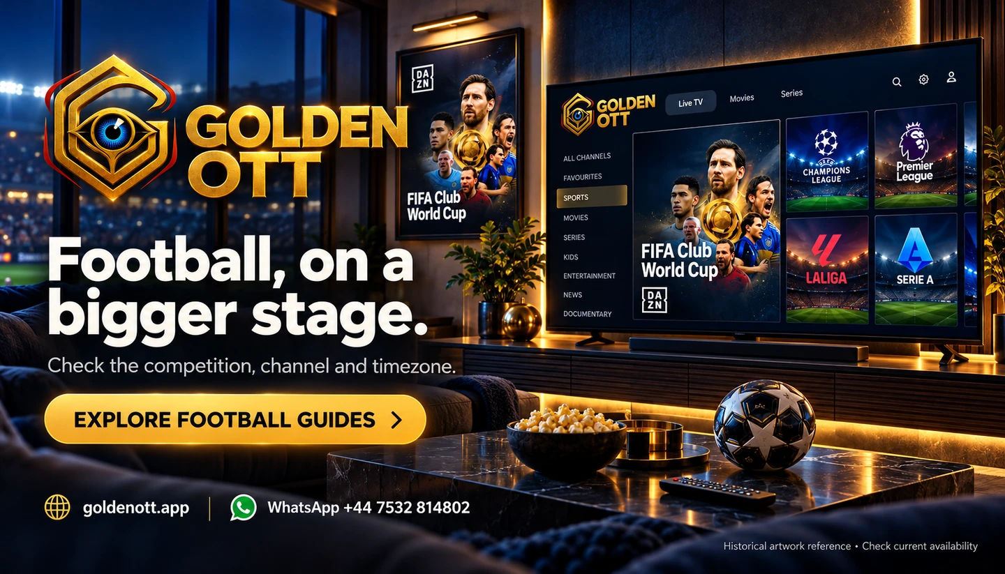 Golden OTT Football, on a bigger stage. category card with supplied event logo, sports viewing scene and WhatsApp support.
