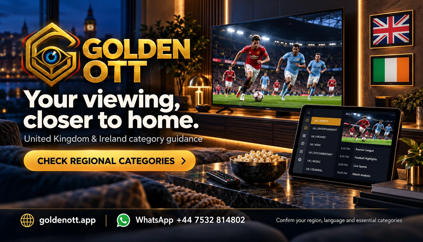 Golden OTT Your viewing, closer to home promotional card with branded viewing or account imagery, goldenott.app and WhatsApp support.