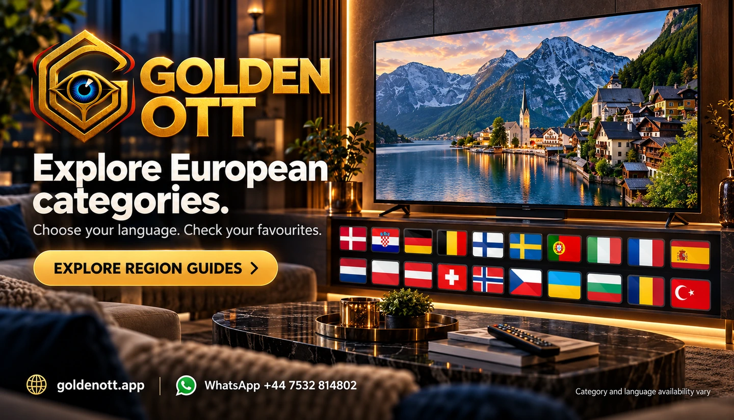 Golden OTT Explore European categories promotional card with branded viewing or account imagery, goldenott.app and WhatsApp support.