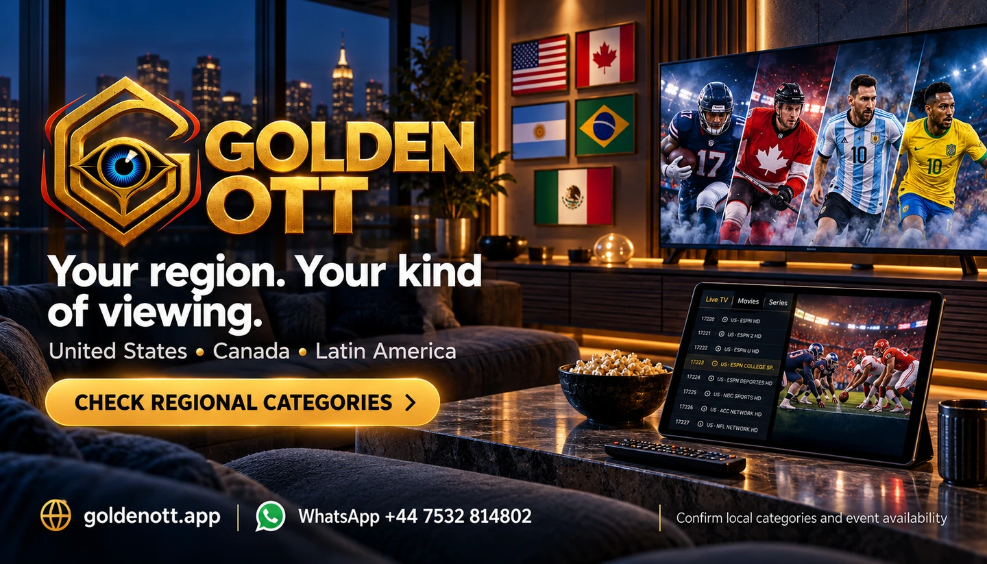 Golden OTT Your region. Your kind of viewing promotional card with branded viewing or account imagery, goldenott.app and WhatsApp support.