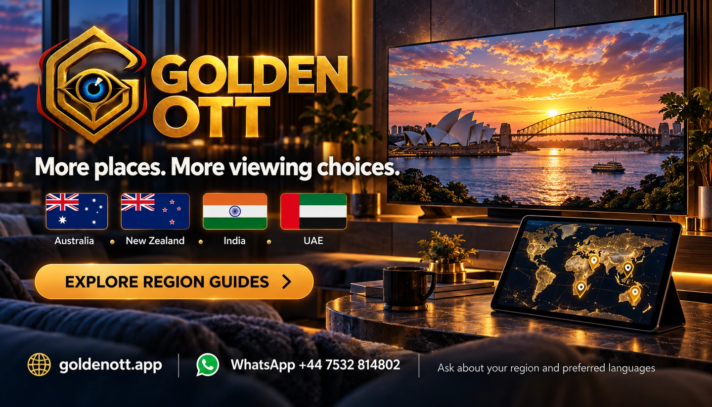 Golden OTT More places. More viewing choices promotional card with branded viewing or account imagery, goldenott.app and WhatsApp support.