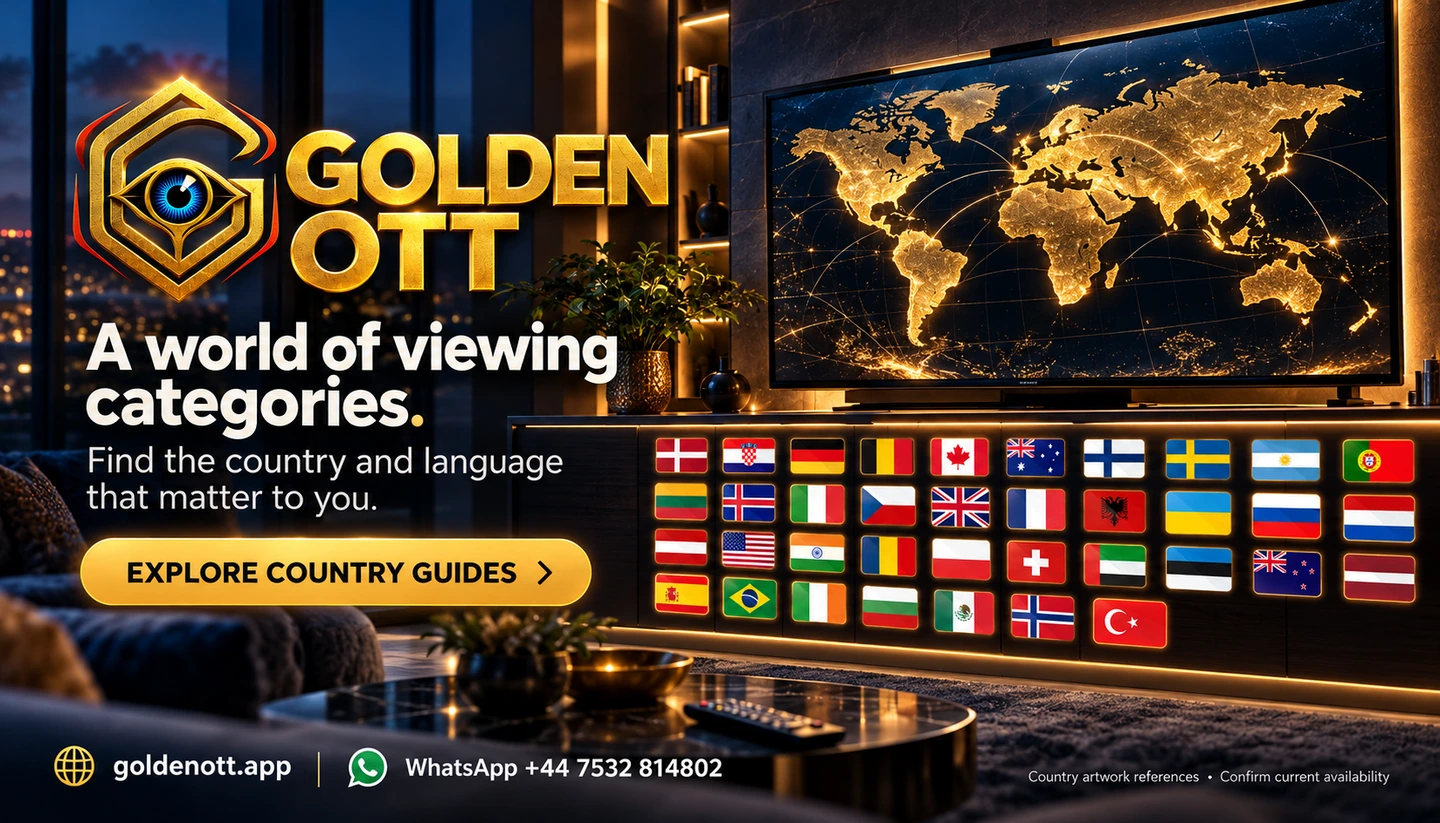 Golden OTT A world of viewing categories promotional card with branded viewing or account imagery, goldenott.app and WhatsApp support.