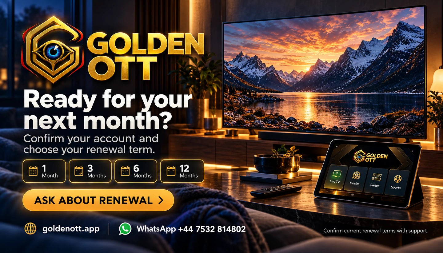 Golden OTT Ready for your next month? promotional card with branded viewing or account imagery, goldenott.app and WhatsApp support.