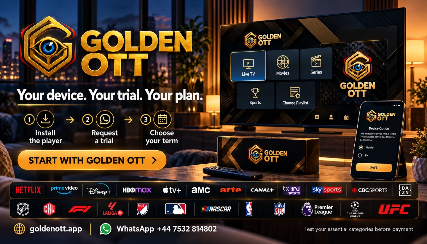 Golden OTT Your device. Your trial. Your plan promotional card with branded viewing or account imagery, goldenott.app and WhatsApp support.