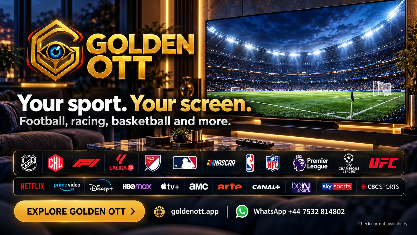 Golden OTT Your sport. Your screen card with sports or entertainment reference logos and WhatsApp support