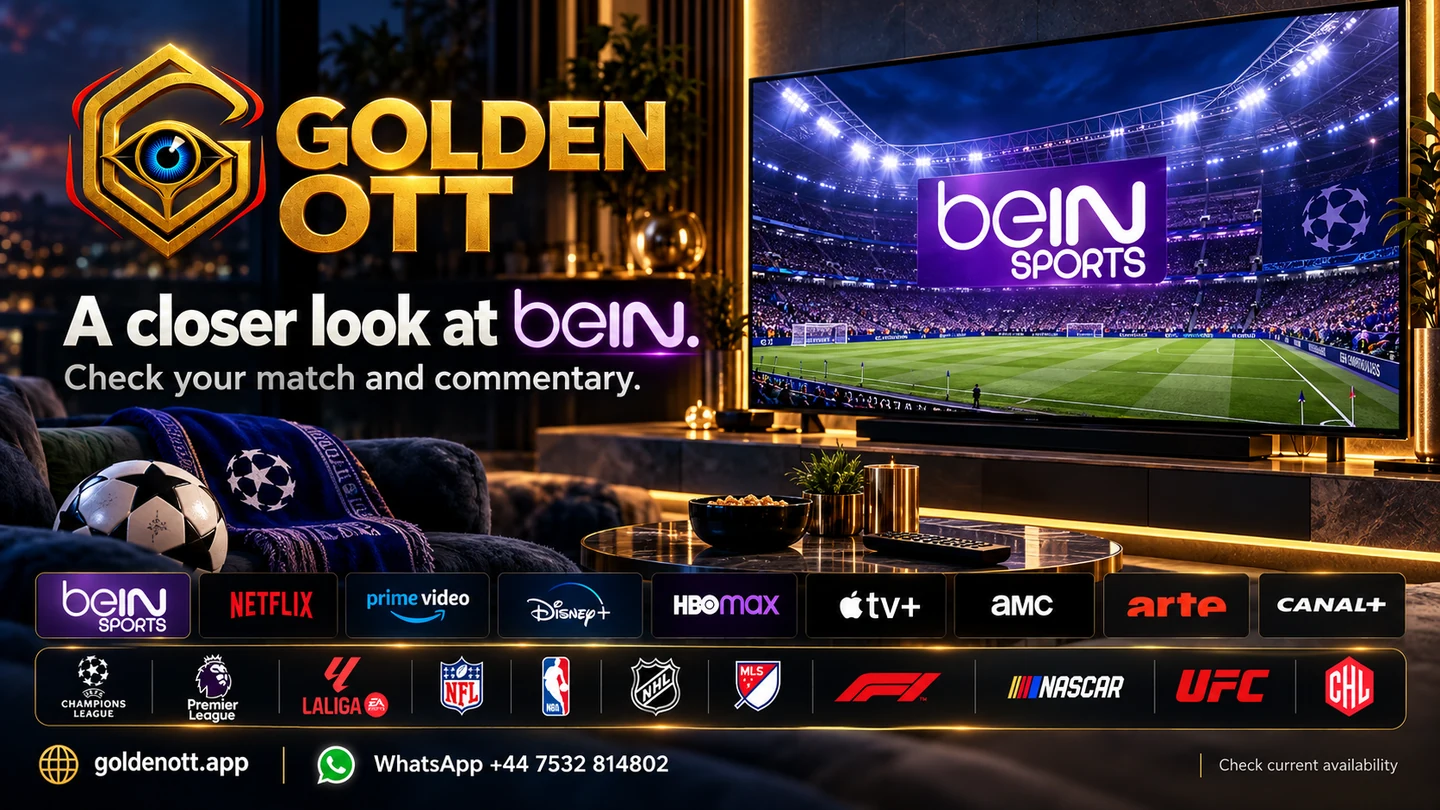 Golden OTT A closer look at beIN card with sports or entertainment reference logos and WhatsApp support