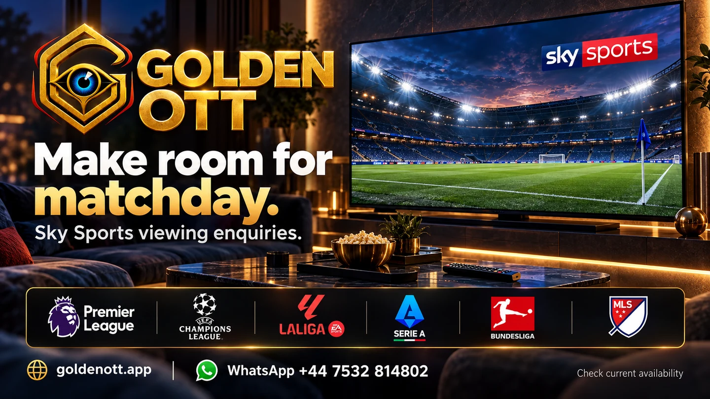 Golden OTT Make room for matchday card with sports or entertainment reference logos and WhatsApp support