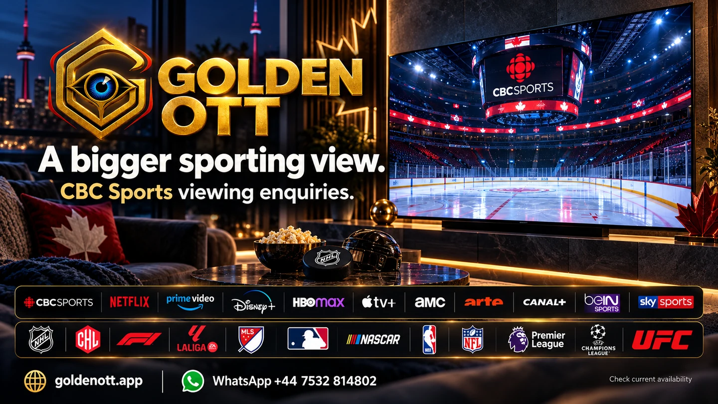 Golden OTT A bigger sporting view card with sports or entertainment reference logos and WhatsApp support
