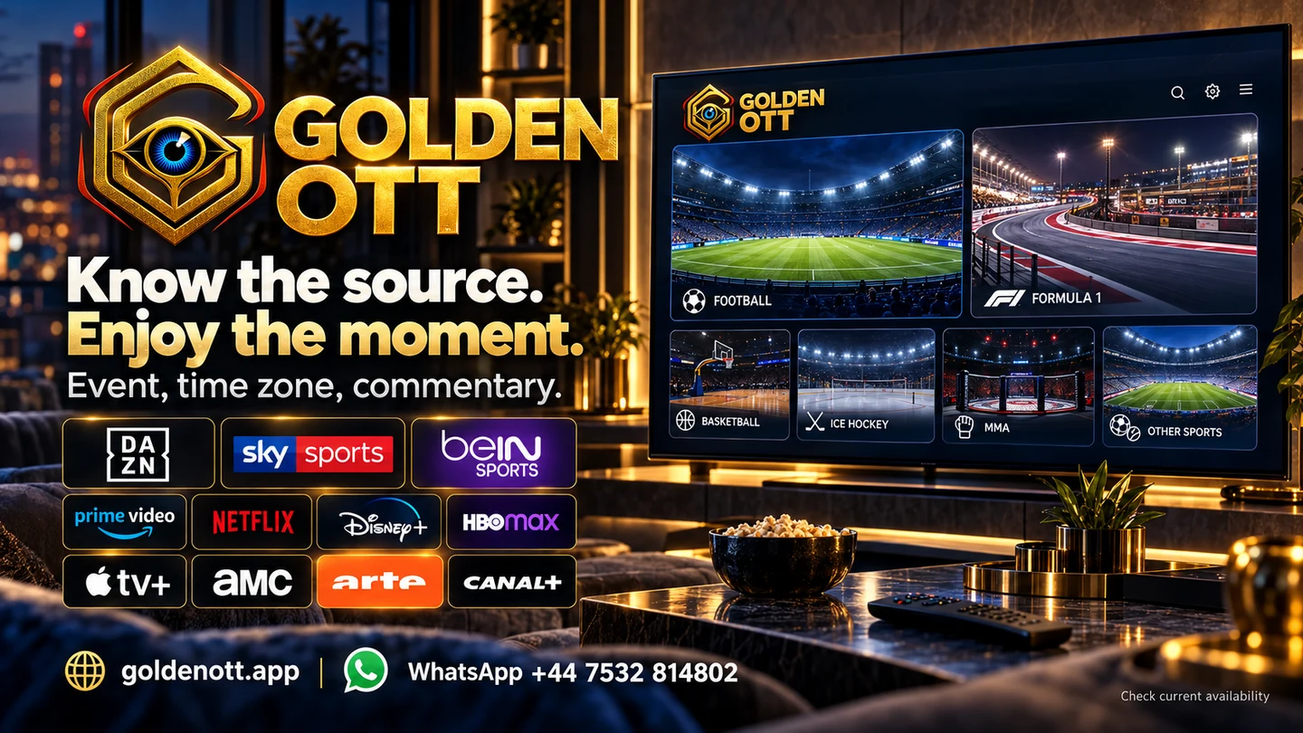 Golden OTT Know the source. Enjoy the moment card with sports or entertainment reference logos and WhatsApp support