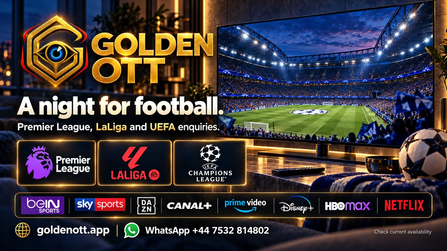 Golden OTT A night for football card with sports or entertainment reference logos and WhatsApp support