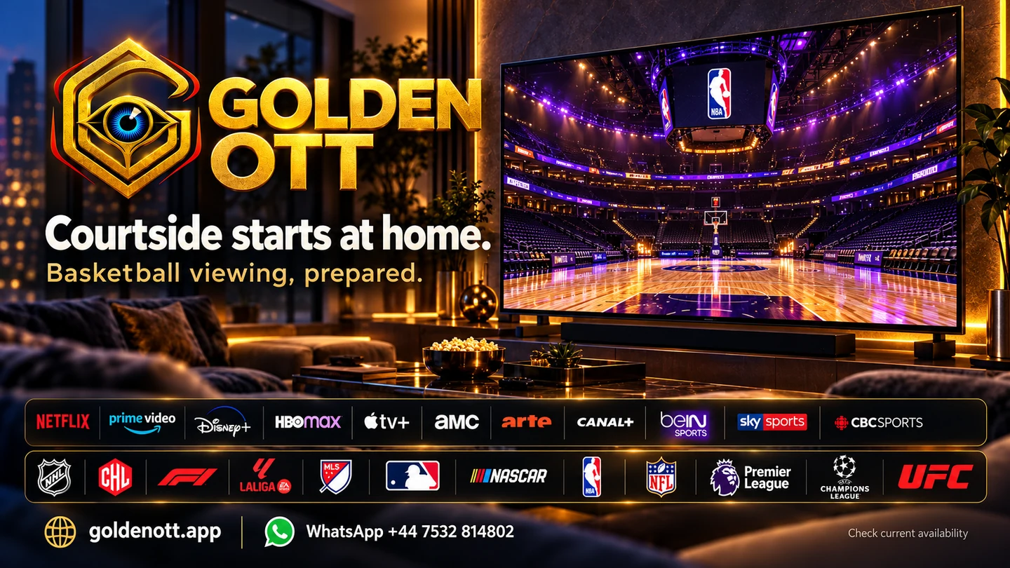 Golden OTT Courtside starts at home card with sports or entertainment reference logos and WhatsApp support