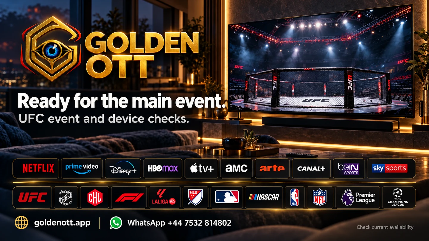 Golden OTT Ready for the main event card with sports or entertainment reference logos and WhatsApp support