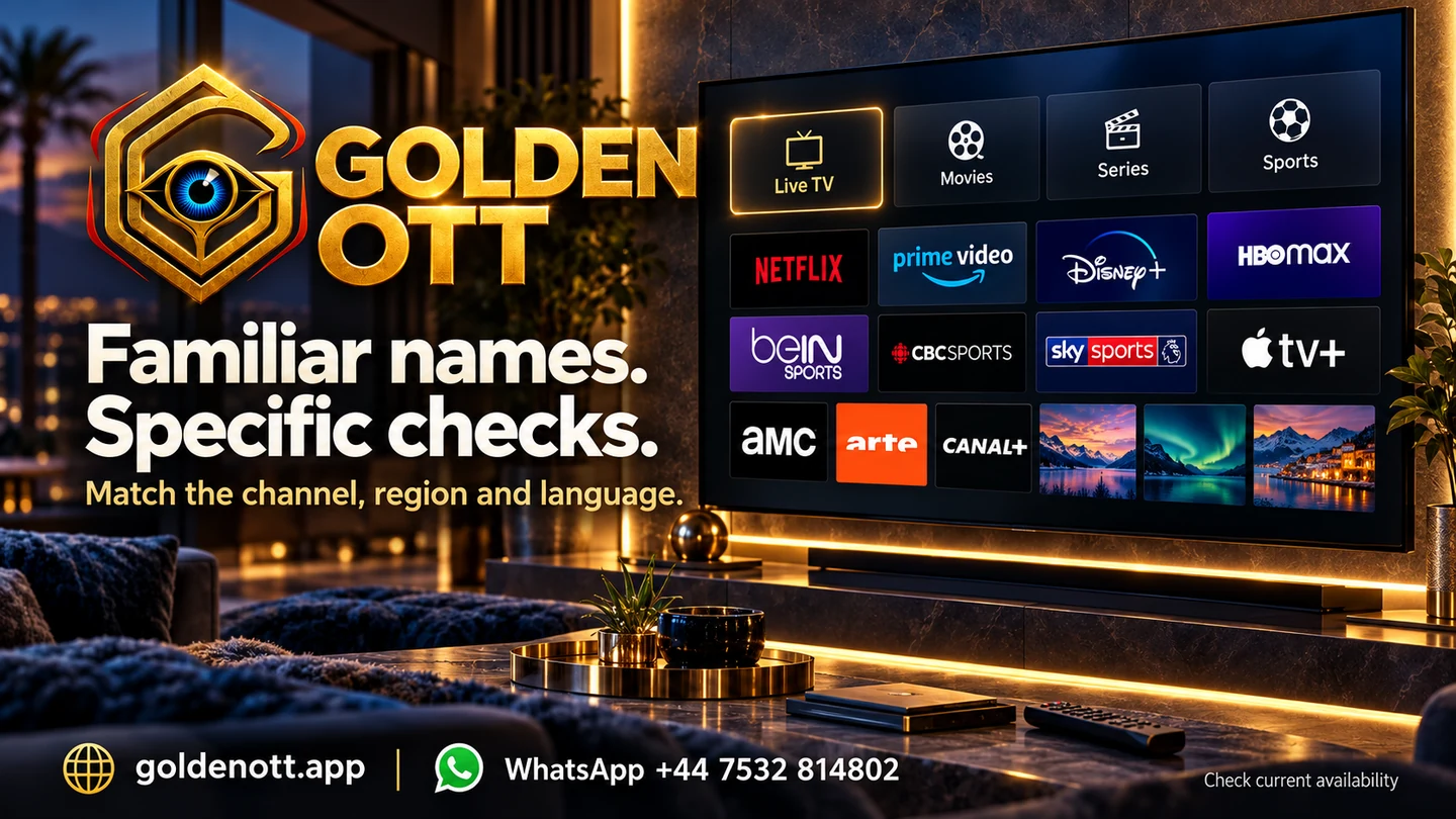 Golden OTT Familiar names. Specific checks card with sports or entertainment reference logos and WhatsApp support