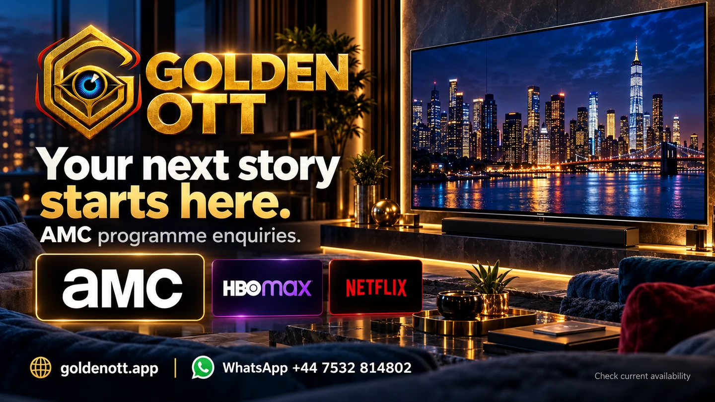 Golden OTT Your next story starts here card with sports or entertainment reference logos and WhatsApp support