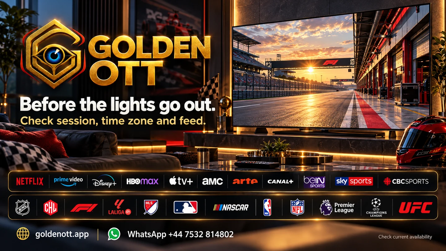 Golden OTT Before the lights go out card with sports or entertainment reference logos and WhatsApp support
