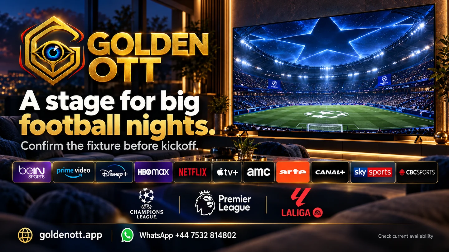 Golden OTT A stage for big football nights card with sports or entertainment reference logos and WhatsApp support