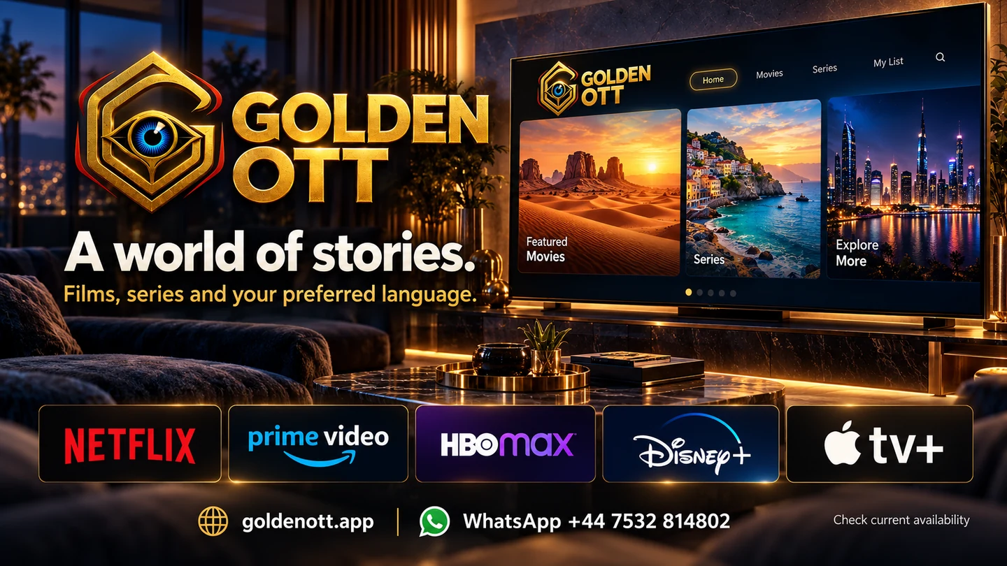 Golden OTT A world of stories card with sports or entertainment reference logos and WhatsApp support