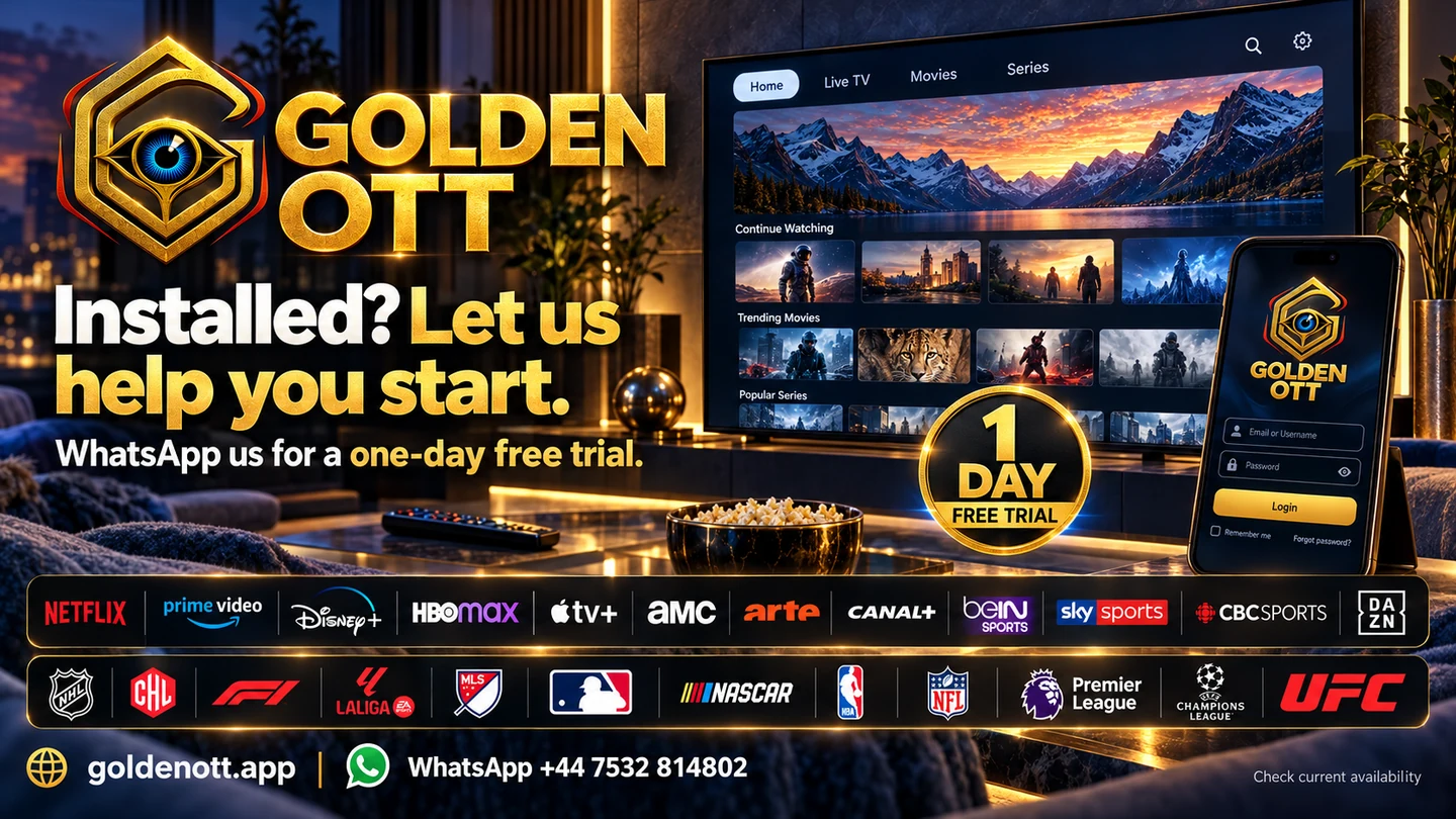 Golden OTT Installed? Let us help you start card with sports or entertainment reference logos and WhatsApp support