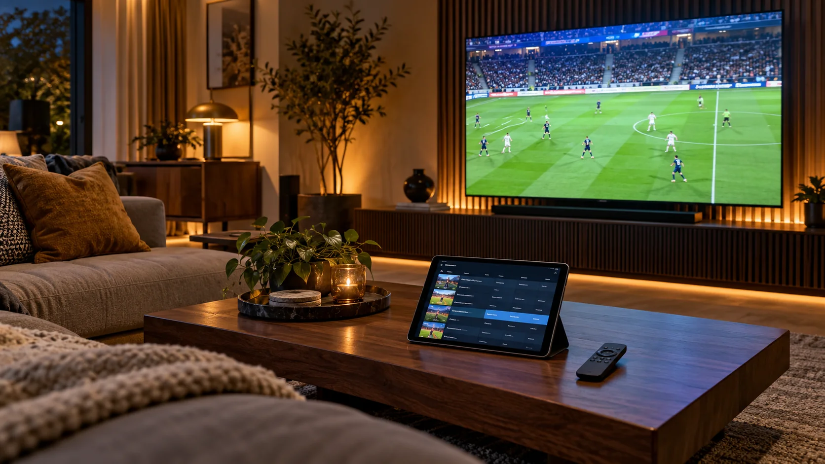 Living room television showing football with a tablet programme guide and streaming remote
