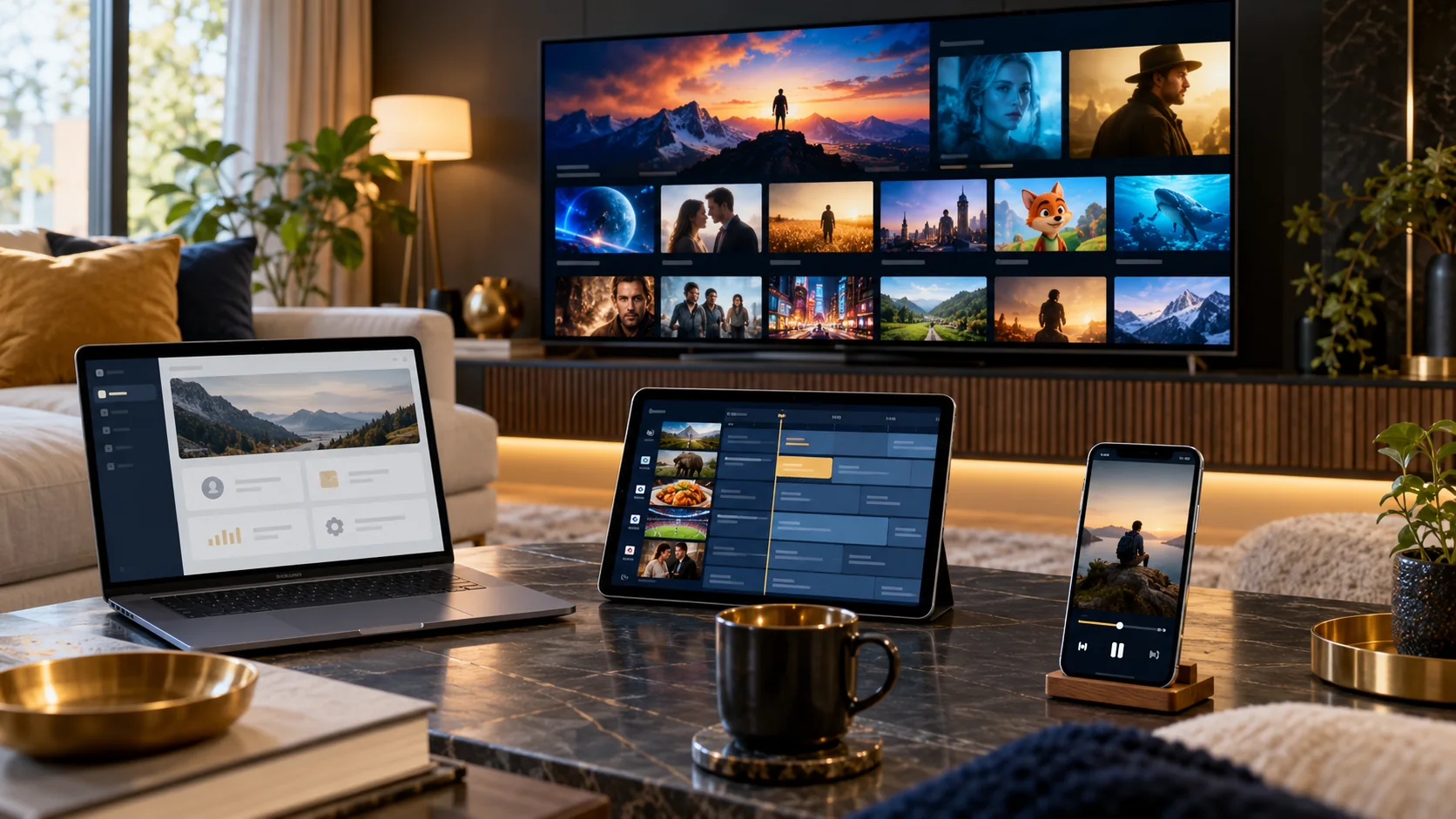 Smart television, laptop, tablet and phone illustrating a multi-device streaming setup
